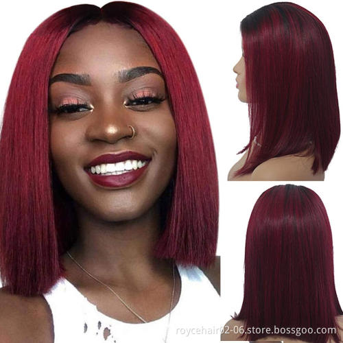 Wholesale Red Colored Human Hair Bob Cut Wig 100% Peruvian Human Hair 150% Density 99j T Part Lace Front Wig For Women